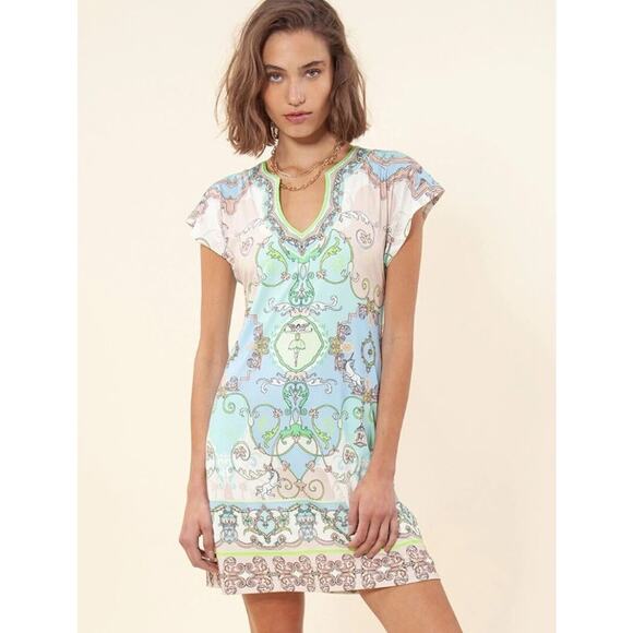 HALE BOB Loren Jersey Dress Large Short Sleeve Deco Unicorn Pastel Print - Picture 1 of 13